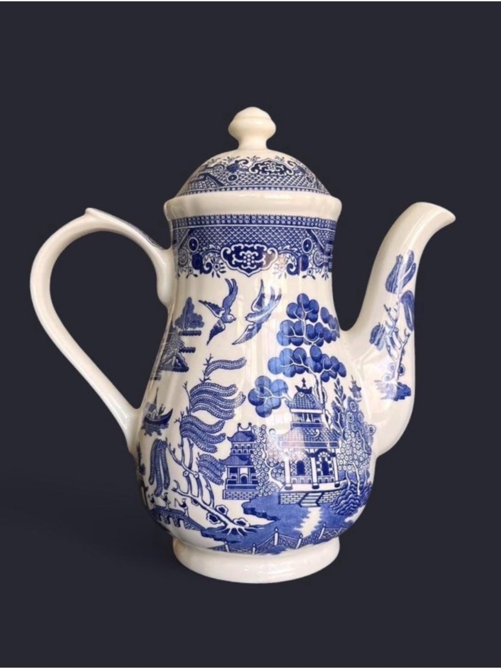 Vintage Blue Willow Churchill Coffee Pot England Chinoiserie Georgian Shape